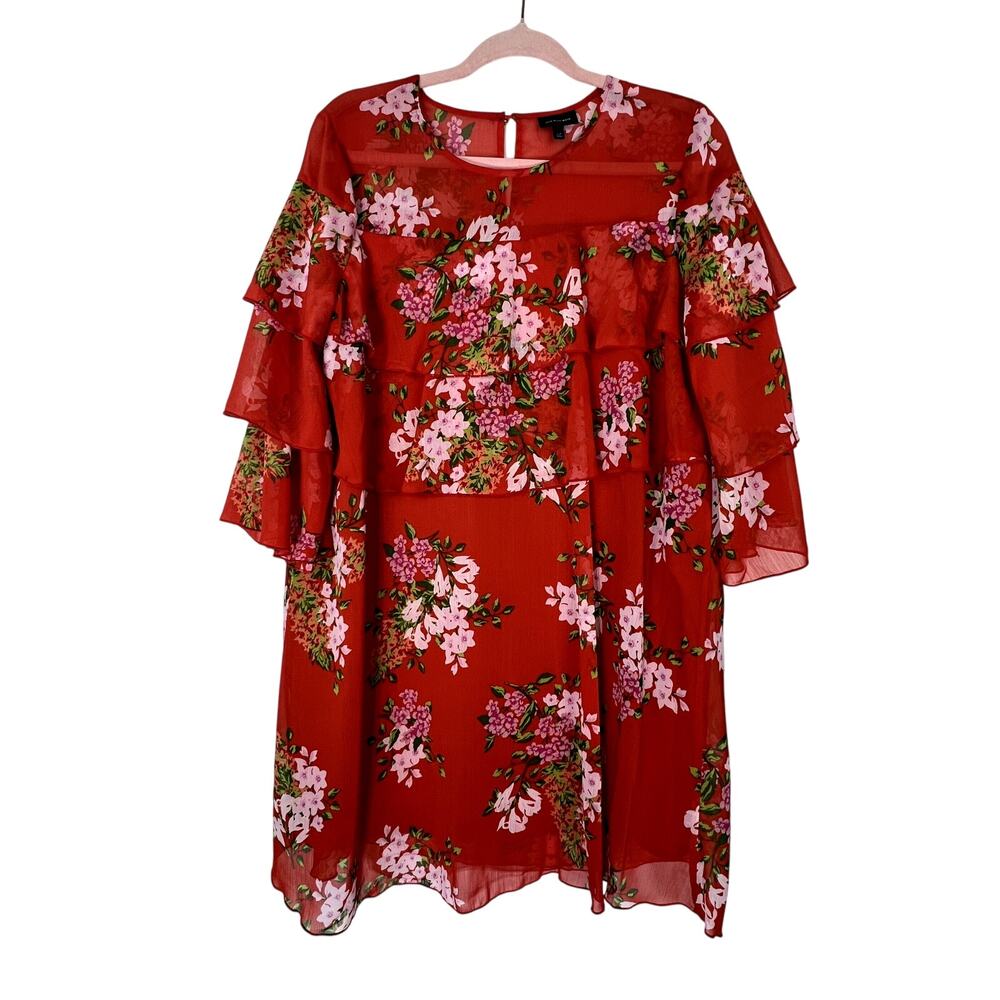 Who What Wear Red w/ Flowers Bell Shaped Sleeves Tiered Ruffle Mini Dress Size M